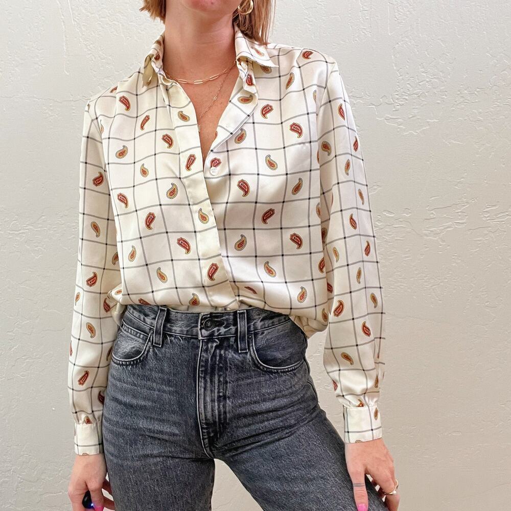 Vintage 1990's Printed Satin Minimalist Long Sleeve Button Up Top